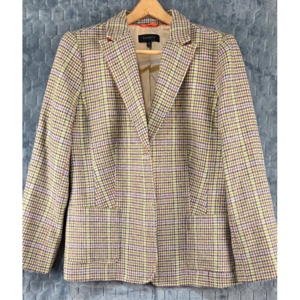 Talbots Women's Houndstooth Blazer Gold Crest Buttons Size 16 Wool Blend Fully